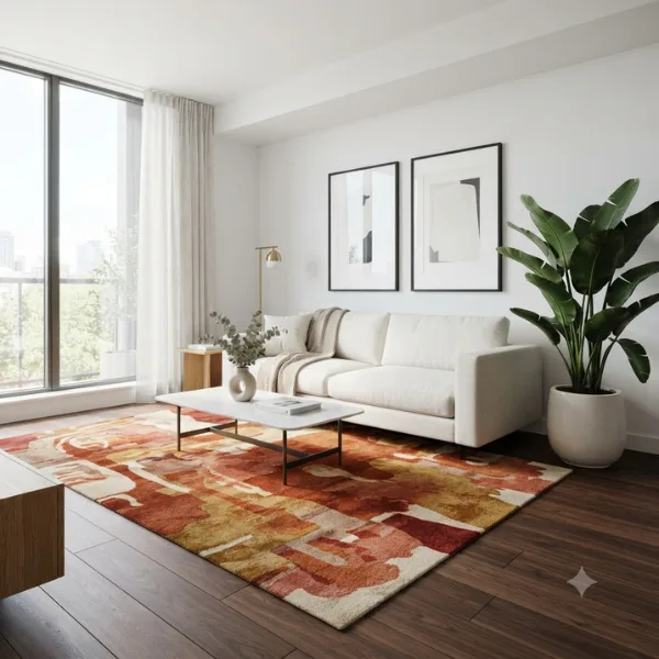 All White Room with a Single Bold Rug as the Hero Styled to Glow the All White Room with a Single Bold Rug as the Hero