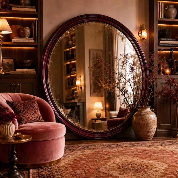 Antiqued Circular Floor Mirror with Burgundy Trim Detail Styled to Glow the Antiqued Circular Floor Mirror with Burgundy Trim Detail