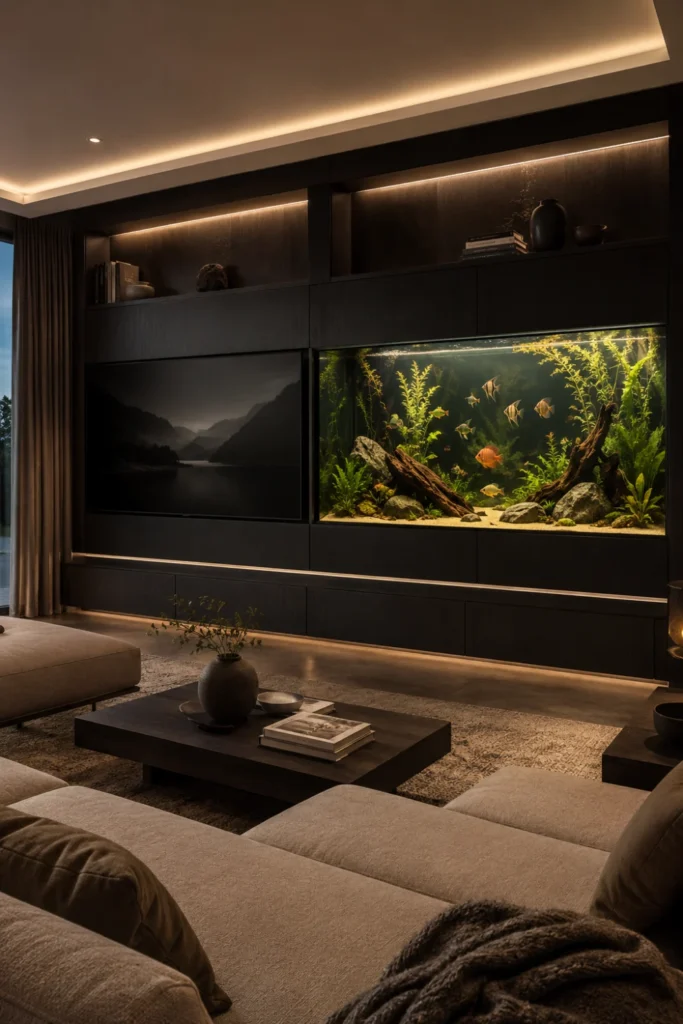 Aquarium Feature Wall Integrated Beside Mounted TV Styled to Glow the Aquarium Feature Wall Integrated Beside Mounted TV