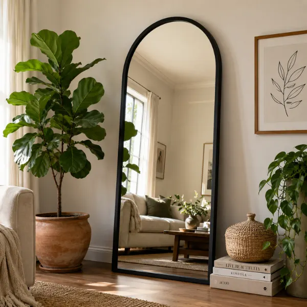 the Arched Black Frame Floor Mirror with Botanicals
