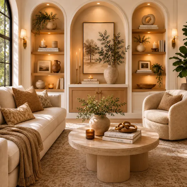 Arched Built In Shelves Styled to Glow the Arched Built In Shelves