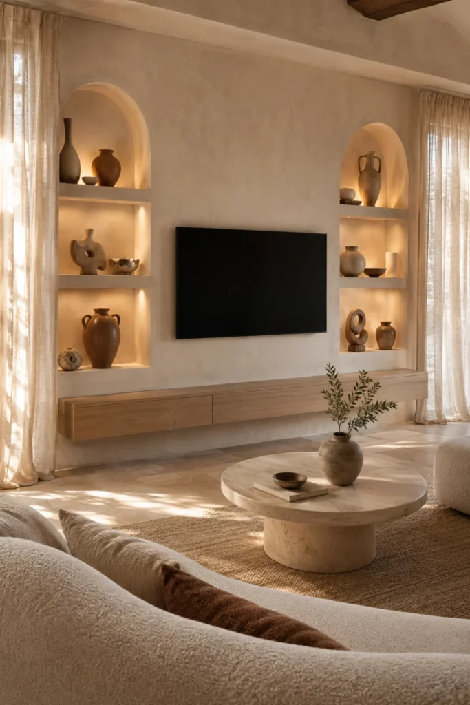 Arched Built In Shelving with Sculptural Ceramics and Linen Drapes Styled to Glow the Arched Built In Shelving with Sculptural Ceramics and Linen Drapes