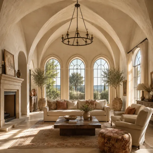 Arched Window Vaulted Ceiling Living Room with Warm Neutrals Styled to Glow the Arched Window Vaulted Ceiling Living Room with Warm Neutrals