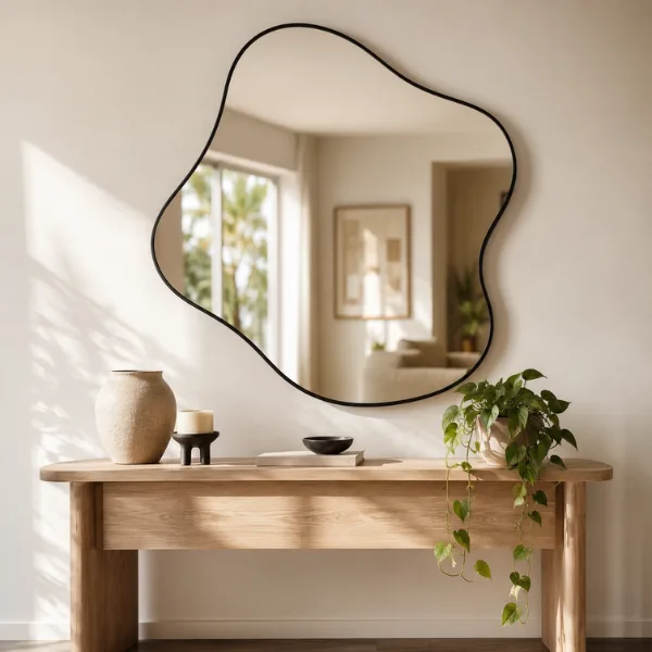 Asymmetrical Blob Shaped Mirror Styled to Glow the Asymmetrical Blob Shaped Mirror