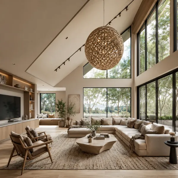 Asymmetrical Vaulted Ceiling with Statement Pendant Light Styled to Glow the Asymmetrical Vaulted Ceiling with Statement Pendant Light