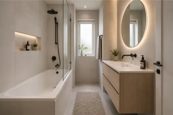 Back to Back Tub and Vanity Layout Styled to Glow the Back to Back Tub and Vanity Layout