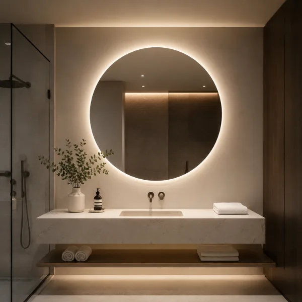 the Backlit LED Round Mirror for a Spa Like Feel