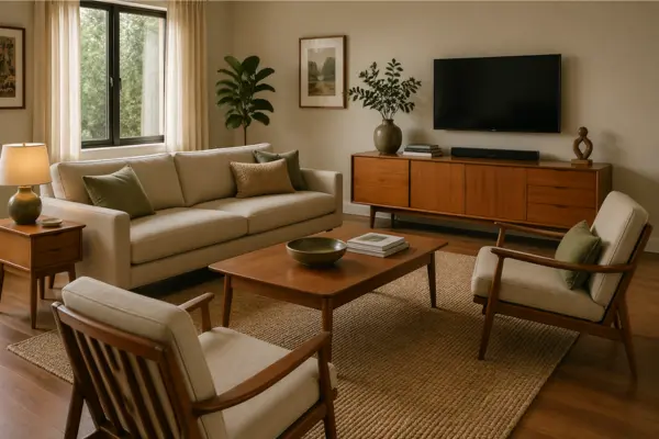Balanced Teak and Texture Family Room Styled to Glow the Balanced Teak and Texture Family Room
