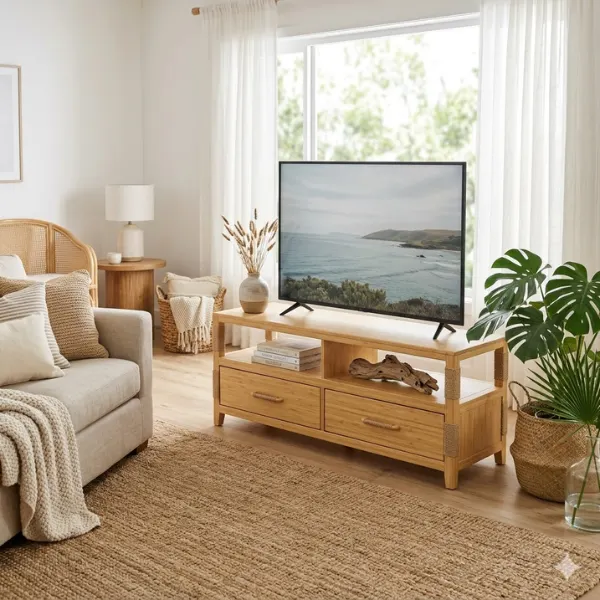 Bamboo Eco Friendly TV Stand with Natural Rope Details Styled to Glow the Bamboo Eco Friendly TV Stand with Natural Rope Details