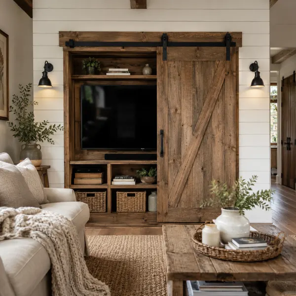 the Barn Door TV Cabinet with Sliding Hardware