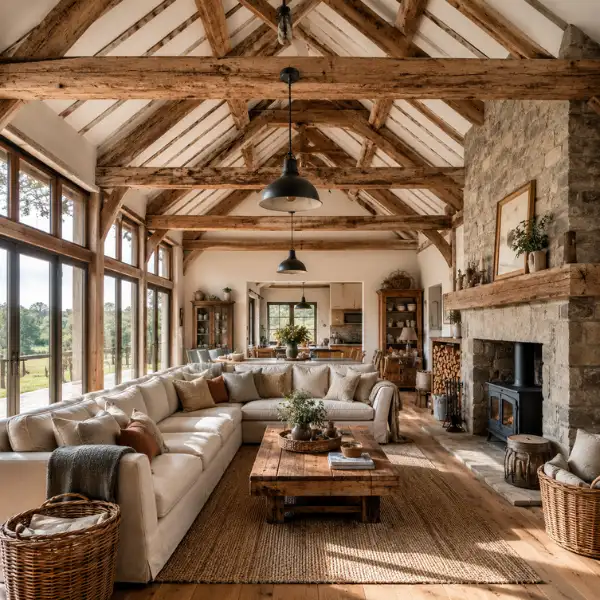 Barn Style Vaulted Ceiling with Exposed Rafters Styled to Glow the Barn Style Vaulted Ceiling with Exposed Rafters
