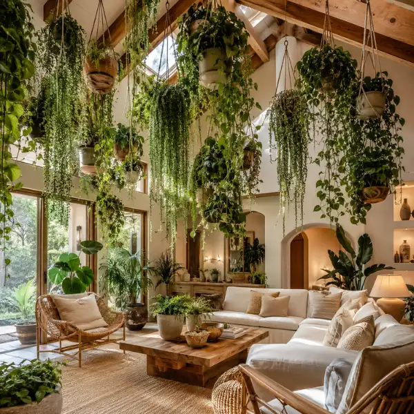Biophilic Vaulted Ceiling Living Room with Cascading Greenery Styled to Glow the Biophilic Vaulted Ceiling Living Room with Cascading Greenery