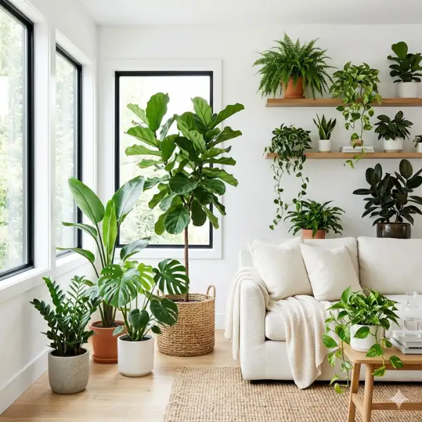 the Biophilic White Living Room with Indoor Greenery