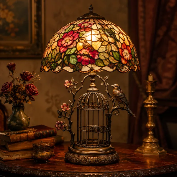 Bird Birdcage Stained Glass Lamp Styled to Glow the Bird Birdcage Stained Glass Lamp