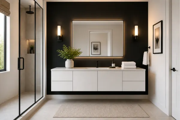 Black Accent Wall Behind the Vanity Styled to Glow the Black Accent Wall Behind the Vanity