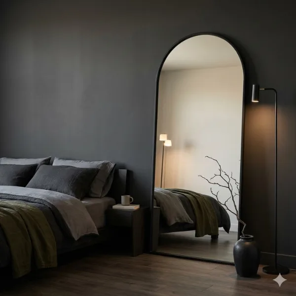 Black Framed Arched Mirror in a Moody Minimalist Room Styled to Glow the Black Framed Arched Mirror in a Moody Minimalist Room