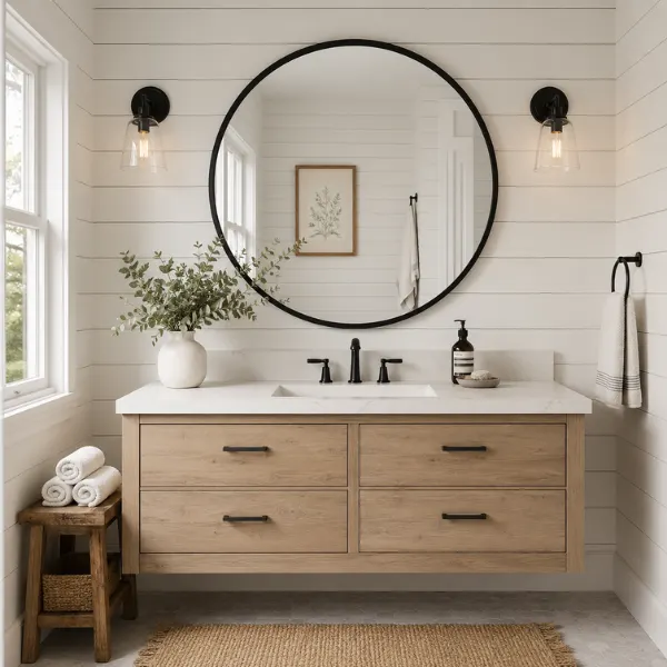Black Framed Round Mirror in a White Shiplap Bathroom Styled to Glow the Black Framed Round Mirror in a White Shiplap Bathroom