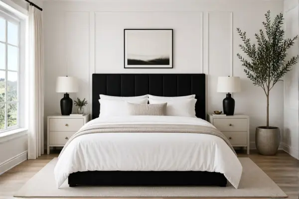 Black Headboard Against White Walls Styled to Glow the Black Headboard Against White Walls
