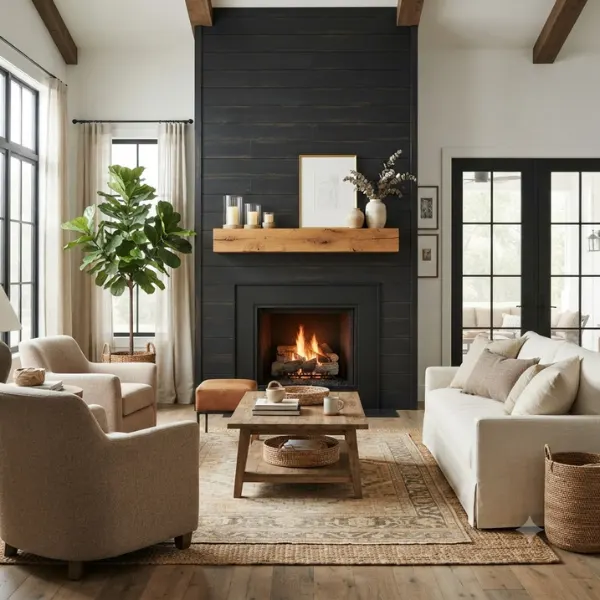 Black Shiplap Fireplace Wall with Wood Mantel Styled to Glow the Black Shiplap Fireplace Wall with Wood Mantel
