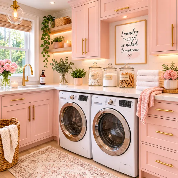 Blush Pink Cabinets with Gold Pulls Styled to Glow the Blush Pink Cabinets with Gold Pulls