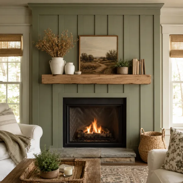 Board and Batten Fireplace Surround in Sage Green Styled to Glow the Board and Batten Fireplace Surround in Sage Green