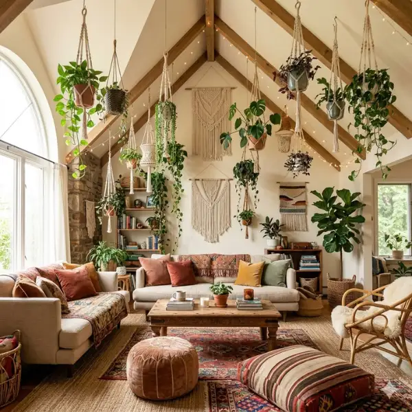 Bohemian Vaulted Ceiling with Hanging Macrame Plants Styled to Glow the Bohemian Vaulted Ceiling with Hanging Macrame Plants