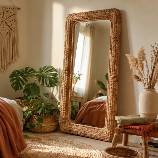 the Boho Rattan Woven Frame Floor Mirror