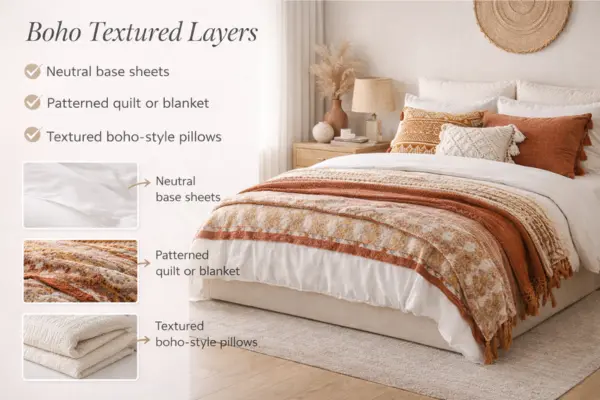 Boho Textured Layers Bedding Idea Styled to Glow the Boho Textured Layers Bedding Idea