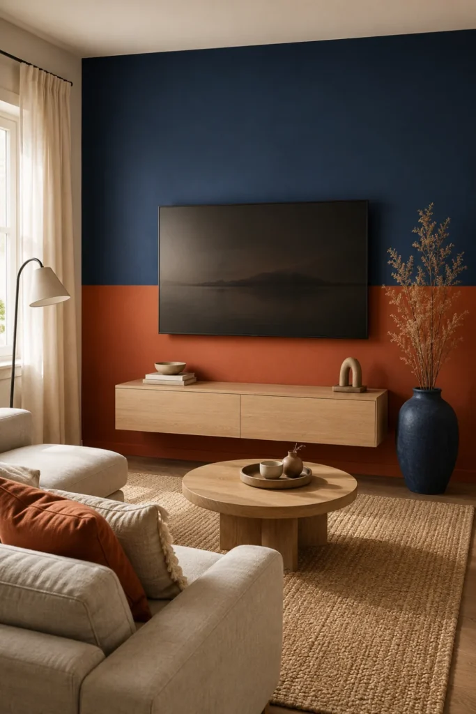 Bold Color Block Wall Navy and Terracotta Split Behind Wall Mounted TV Styled to Glow the Bold Color Block Wall Navy and Terracotta Split Behind Wall Mounted TV