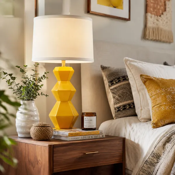 Bold Yellow Geometric Base Drum Shade Lamp Styled to Glow the Bold Yellow Geometric Base Drum Shade Lamp