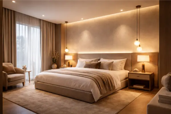 Boutique Hotel Bedroom With Layered Lighting Styled to Glow the Boutique Hotel Bedroom With Layered Lighting