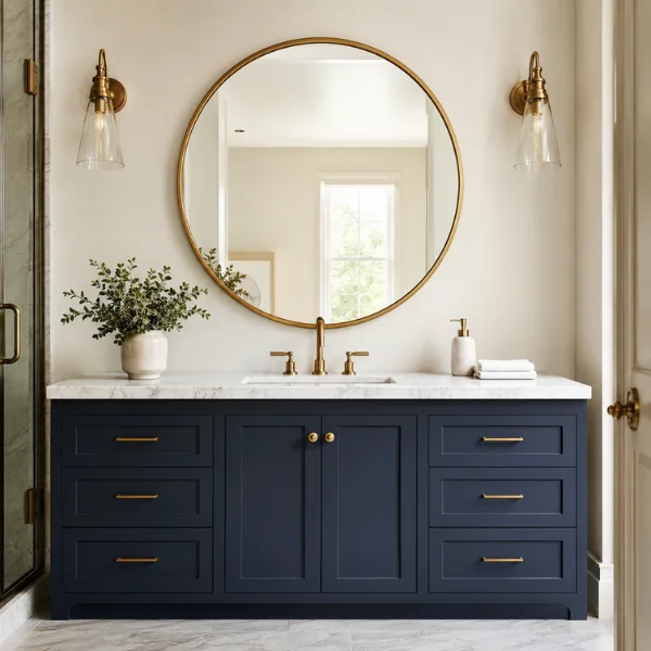 Brass Framed Round Mirror with a Dark Vanity Styled to Glow the Brass Framed Round Mirror with a Dark Vanity