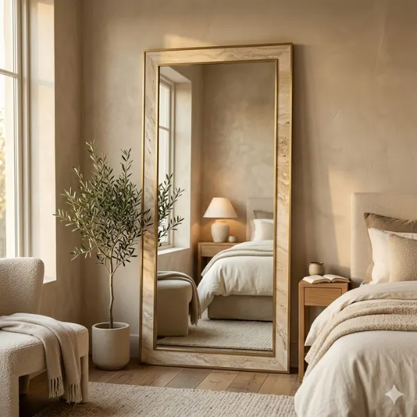 Brass and Travertine Stone Full Length Mirror Styled to Glow the Brass and Travertine Stone Full Length Mirror