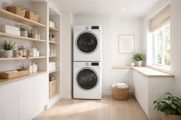 Bright Laundry Room with Stacked Machines Styled to Glow the Bright Laundry Room with Stacked Machines