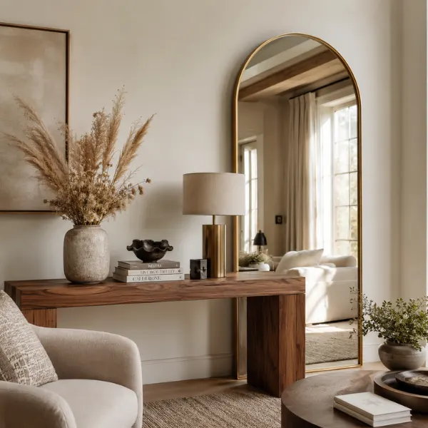 Brushed Brass Slim Arch Mirror with Console Vignette Styled to Glow the Brushed Brass Slim Arch Mirror with Console Vignette