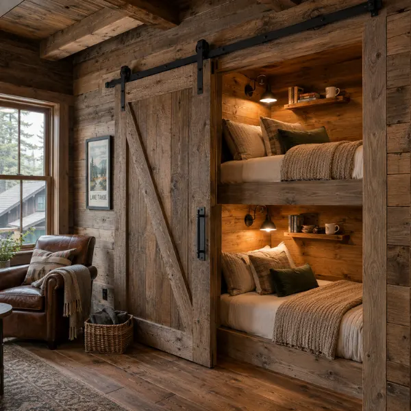Built In Bunk Beds with a Sliding Barn Door Styled to Glow the Built In Bunk Beds with a Sliding Barn Door