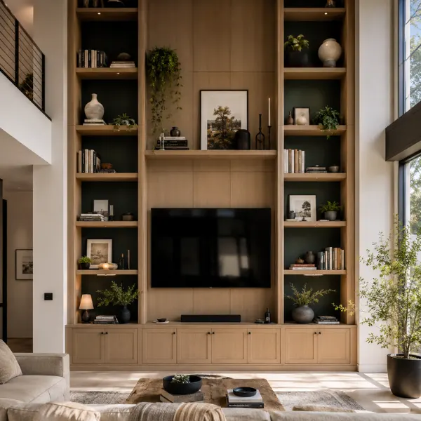 Built In Floor to Ceiling Media Wall with Open Shelving Styled to Glow the Built In Floor to Ceiling Media Wall with Open Shelving