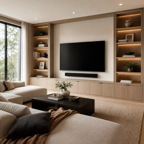 Built In Media Wall with Shelves Styled to Glow the Built In Media Wall with Shelves