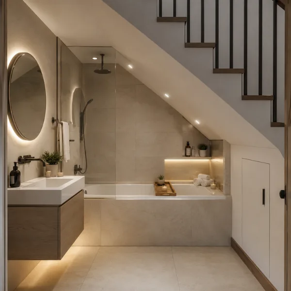 the Built In Under Stair Bathroom With Tub