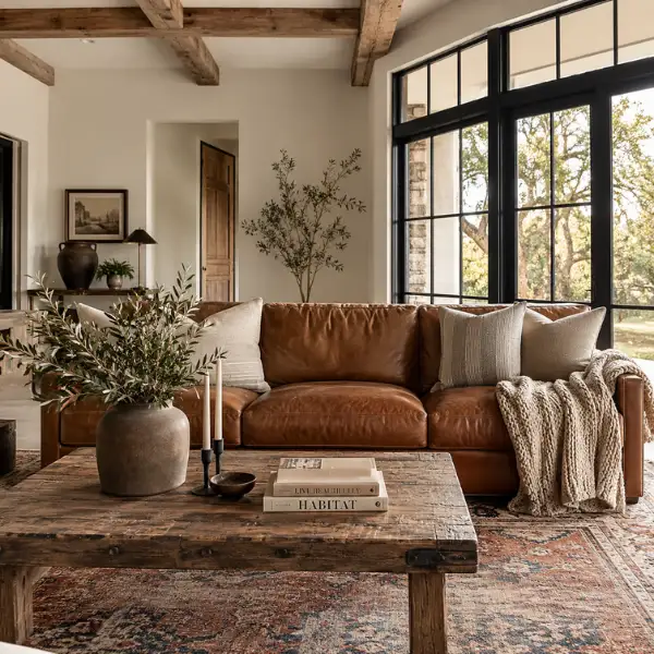 Caramel Leather Sofa with Black Framed Windows Styled to Glow the Caramel Leather Sofa with Black Framed Windows