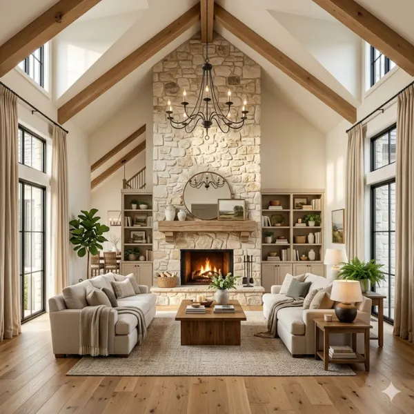 Cathedral Ceiling Living Room with Stone Fireplace Styled to Glow the Cathedral Ceiling Living Room with Stone Fireplace