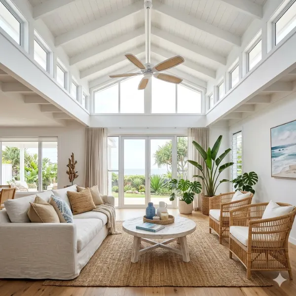 Coastal Vaulted Ceiling Living Room with Clerestory Windows Styled to Glow the Coastal Vaulted Ceiling Living Room with Clerestory Windows