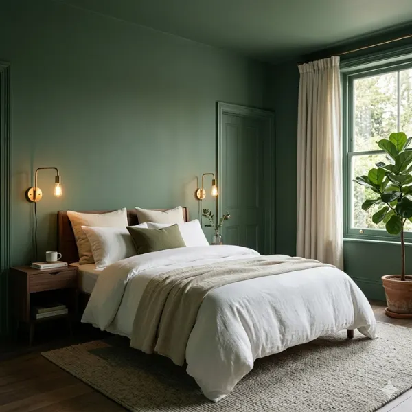 Color Drenched Green Bedroom Walls Ceiling Trim Styled to Glow the Color Drenched Green Bedroom Walls Ceiling Trim