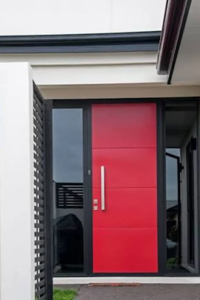 Compact Red Door Townhouse Entry with Striped Runner Styled to Glow the Compact Red Door Townhouse Entry with Striped Runner