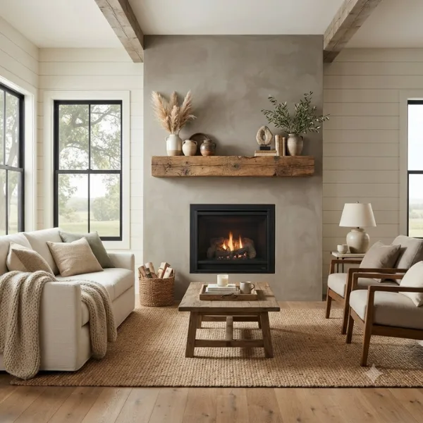 Concrete Fireplace Surround with Exposed Wood Beam Styled to Glow the Concrete Fireplace Surround with Exposed Wood Beam