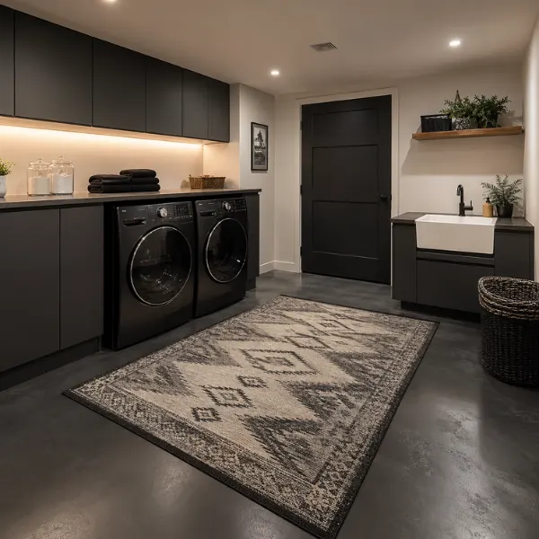Concrete Floor with Painted Finish and Black Appliances Styled to Glow the Concrete Floor with Painted Finish and Black Appliances