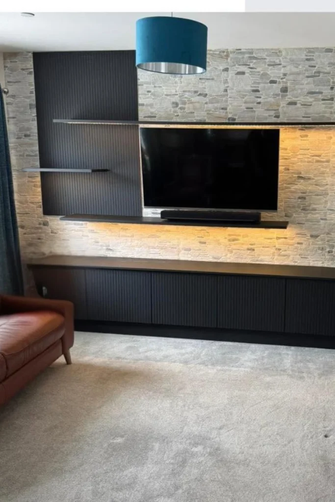 Concrete Look Textured Panel with Warm Taupe Slatted Surround Styled to Glow the Concrete Look Textured Panel with Warm Taupe Slatted Surround