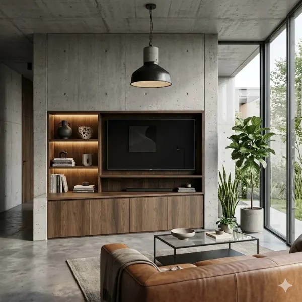 Concrete and Dark Oak Hybrid Media Unit Styled to Glow the Concrete and Dark Oak Hybrid Media Unit