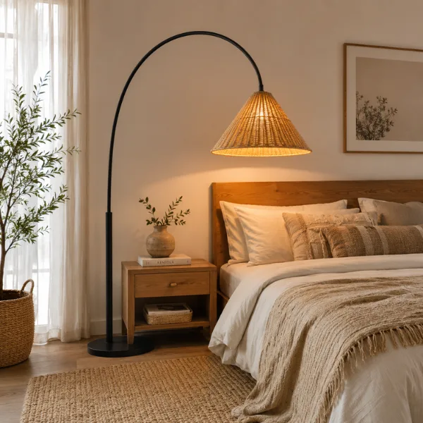 Conical Arc Floor Lamp with Rattan Shade Styled to Glow the Conical Arc Floor Lamp with Rattan Shade