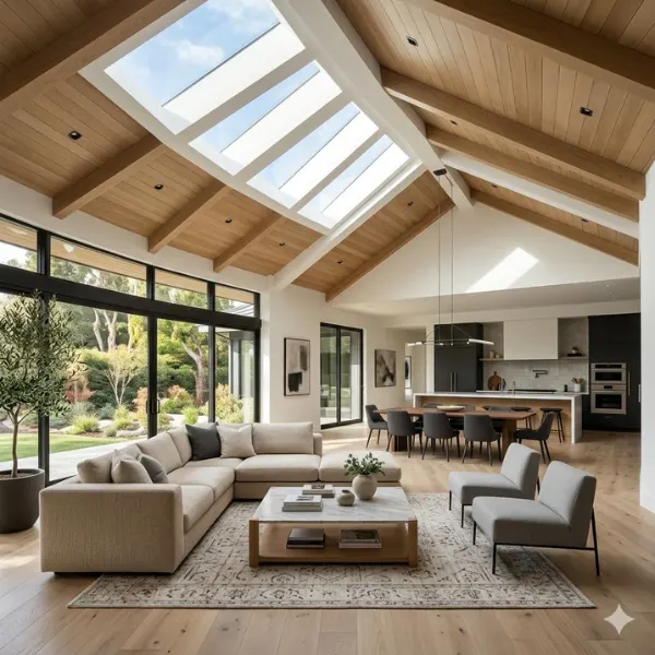 Contemporary Open Concept Vaulted Living Room with Skylights Styled to Glow the Contemporary Open Concept Vaulted Living Room with Skylights